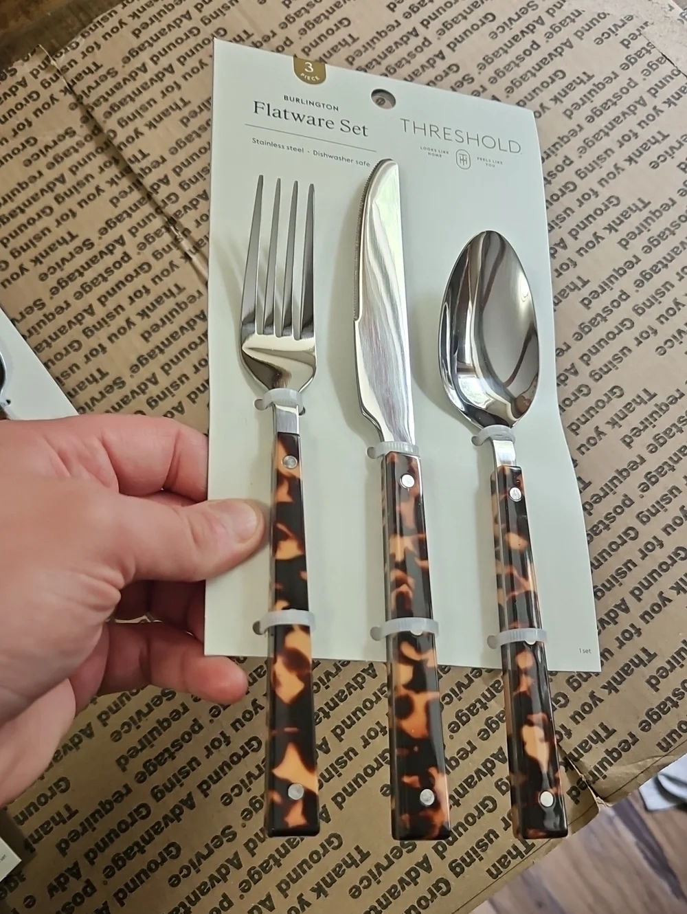 THRESHOLD Three-Piece Tortoise Shell Flatware Set Stainless Steel: new:LOT OF 12